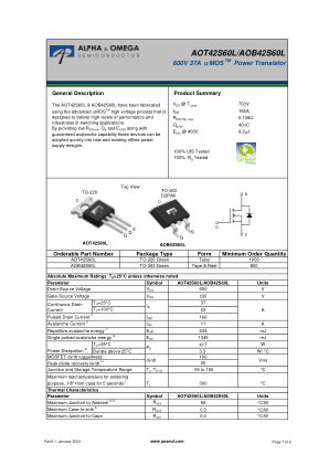 AOT42S60L datasheet cover page