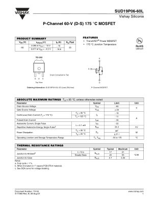 SUD19P06 datasheet cover page