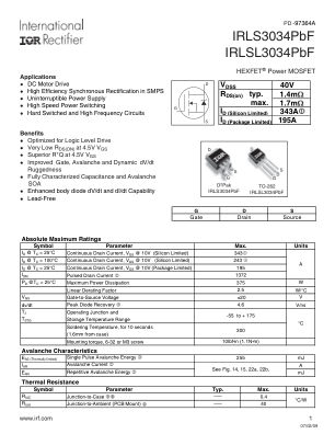 IRLS3034 datasheet cover page