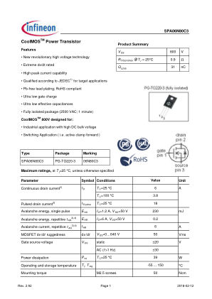 SPA06N80C3 datasheet cover page
