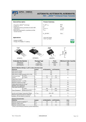 AOTF360A70L datasheet cover page