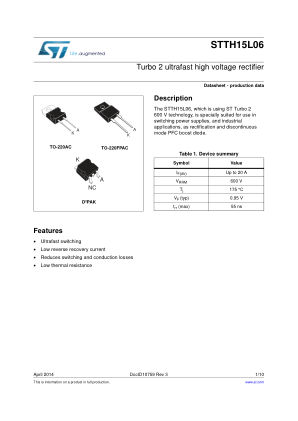 STTH15L06 datasheet cover page