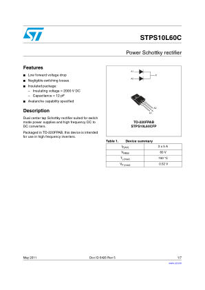 STPS10L60C 数据手册首页