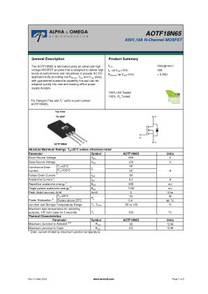AOTF18N65 datasheet cover page