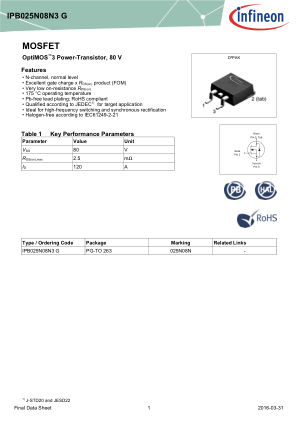 IPB025N08N3-G datasheet cover page