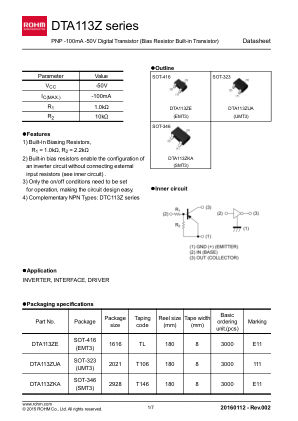 DTA113ZETL 数据手册首页