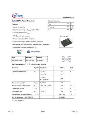 BSC082N10LS-G 数据手册首页