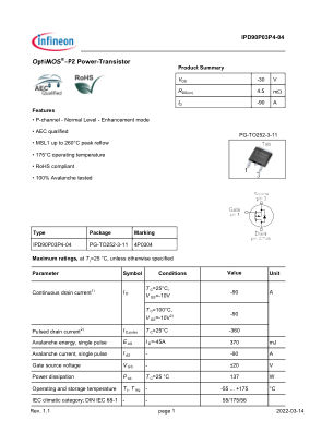 IPD90P03P4-04 datasheet cover page