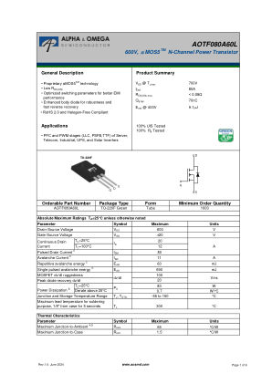 AOTF080A60L 数据手册首页