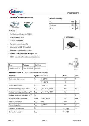 IPB60R099CPA datasheet cover page