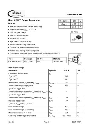 SPI20N60CFD 数据手册首页