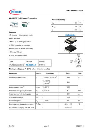 IAUT300N08S5N012 数据手册首页