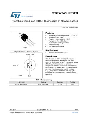 STGWT40HP65FB datasheet cover page