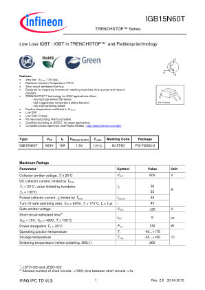 IGB15N60T datasheet cover page