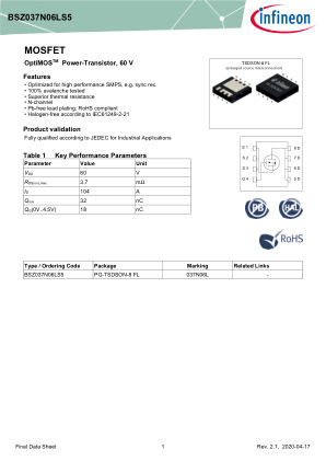 BSZ037N06LS5 datasheet cover page