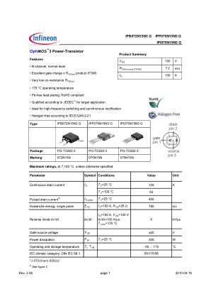 IPP075N15N3 数据手册首页