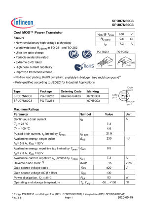 SPD07N60C3 datasheet cover page