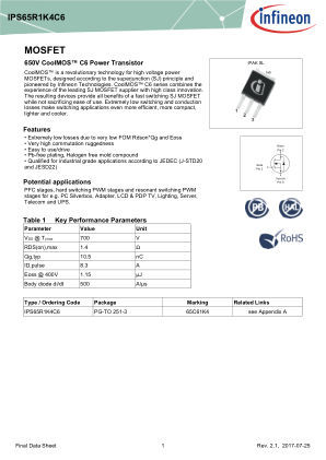 IPS65R1K4C6 datasheet cover page