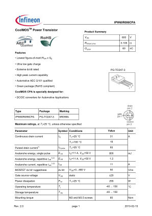 IPW60R099CPA 数据手册首页