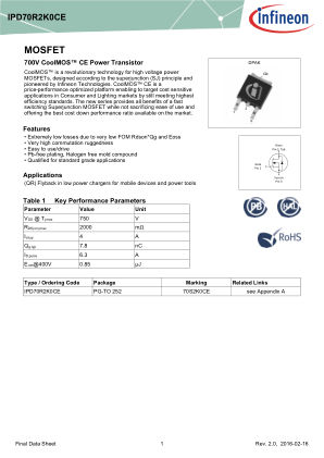 IPD70R2K0CE datasheet cover page