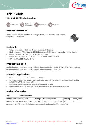 BFP740ESD datasheet cover page