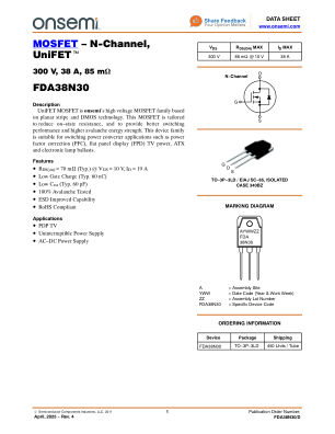 FDA38N30 datasheet cover page