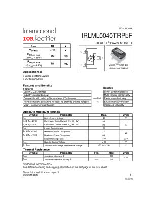 IRLML0040 数据手册首页