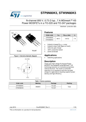 STP9N80K5 datasheet cover page
