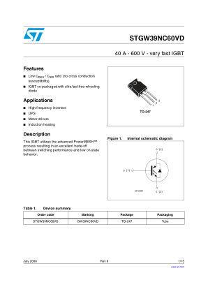 STGW39NC60VD 数据手册首页