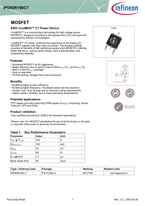 IPD65R190C7 datasheet cover page