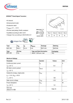 BSP299 datasheet cover page