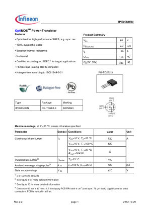 IPI020N06N datasheet cover page