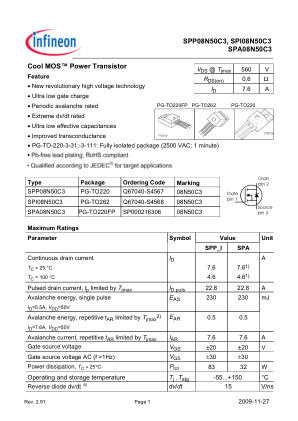 SPP08N50C3 数据手册首页