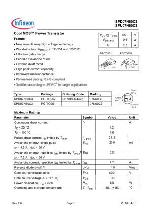 SPU07N60C3 datasheet cover page