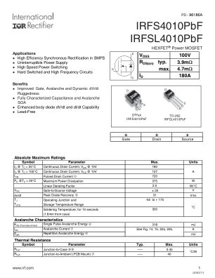 IRFS4010 datasheet cover page