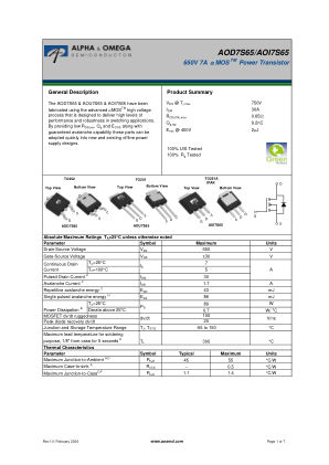 AOD7S65 datasheet cover page
