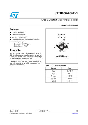 STTH200W04TV1 datasheet cover page
