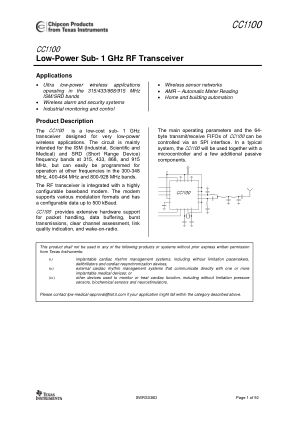 CC1100 datasheet cover page