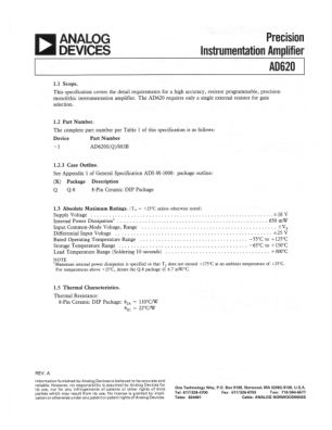 AD620MIL 数据手册首页