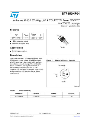 STP150NF04 datasheet cover page