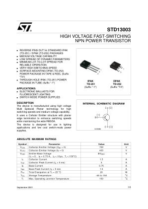 STD13003 datasheet cover page