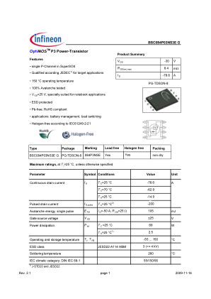 BSC084P03NS3E-G 数据手册首页