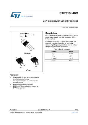 STPS10L40C 数据手册首页