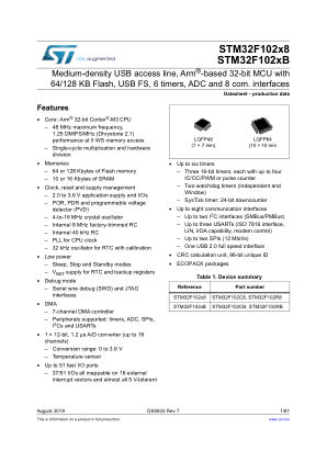 STM32F102C8 datasheet cover page