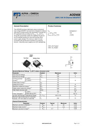 AOD458 datasheet cover page