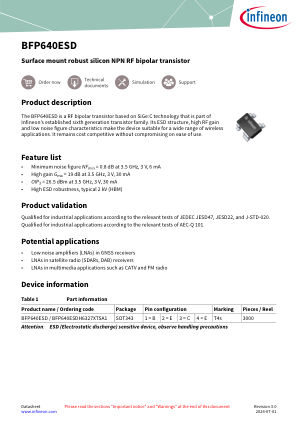 BFP640ESD 数据手册首页