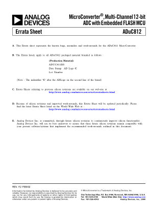 ADUC812ERRATA 数据手册首页