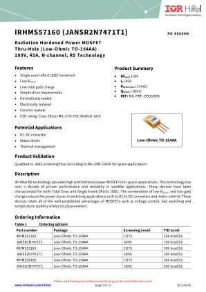 IRHMS57160 datasheet cover page