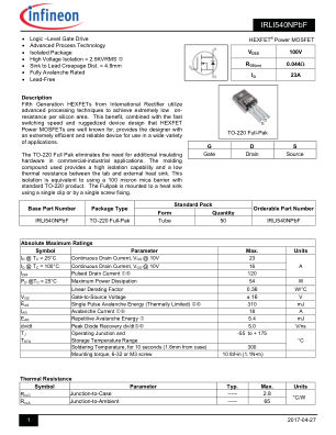 IRLI540N datasheet cover page