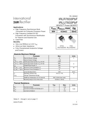 IRLR7833 datasheet cover page